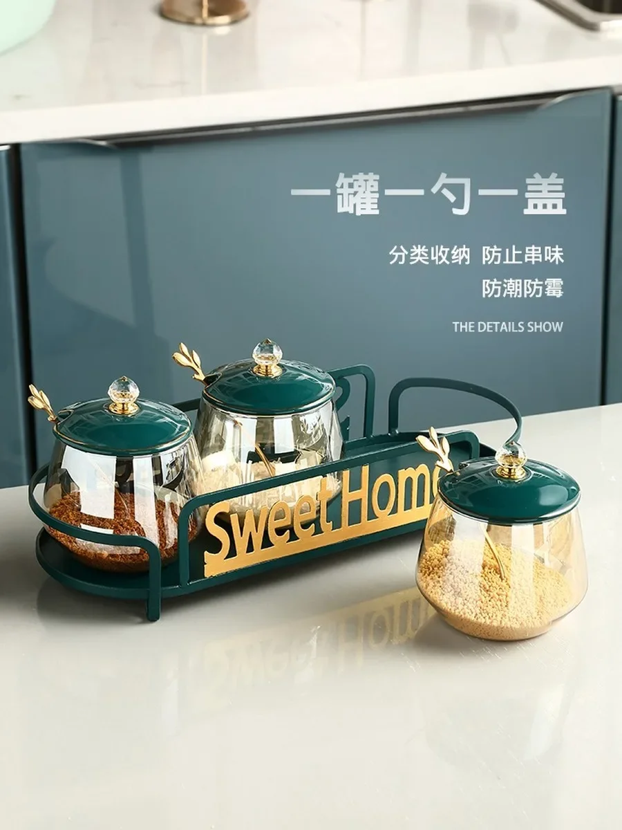 European Style Transparent Glass Seasoning Jar with Lid Kitchen Salt Sugar Condiment Box Set Storage