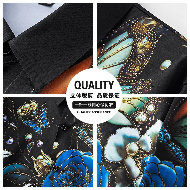 Heavy Industry Rhinestone 3D Printed Men's Shirt Autumn Luxury Long Sleeved Casual Business Shirts Social Banquet Party Tops