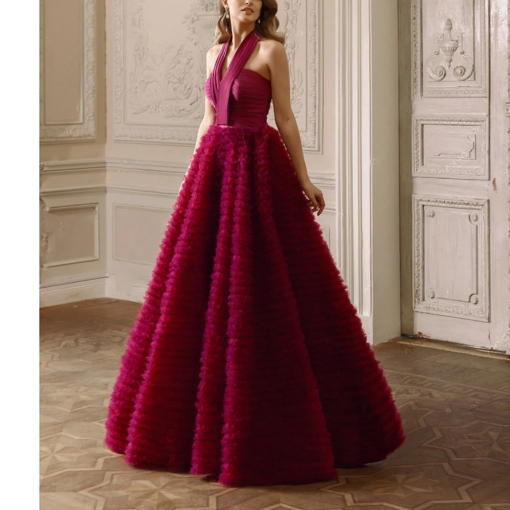 New Women Ball Dress Fashion Hanging Neck Neckline Multi-layer Pleated Fluffy Tulle and Floor Length Custom Prom Dress Gorgeous