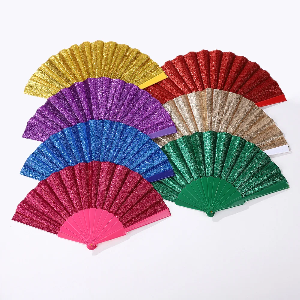 Éventail pliant à paillettes de 7 pouces, éventail de fête pour accessoire de danse, équipement de Festival, accessoire de mariage, éventail pliant chinois en bois antique