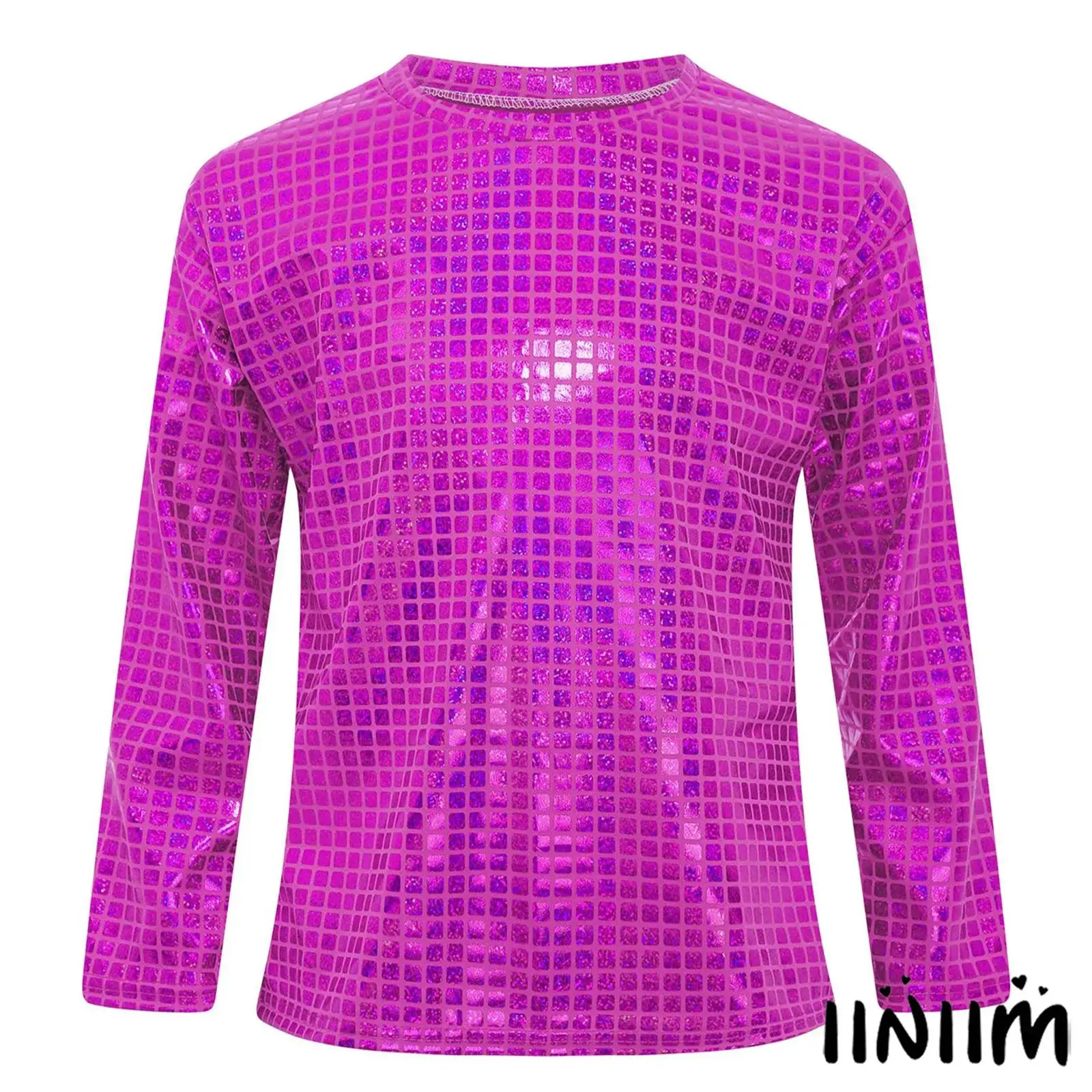 

Kids Metallic Plaid Jazz Dance Top Round Neck Long Sleeve Tshirt for Girls Boys Disco Cheerleading And Performance Dancewear