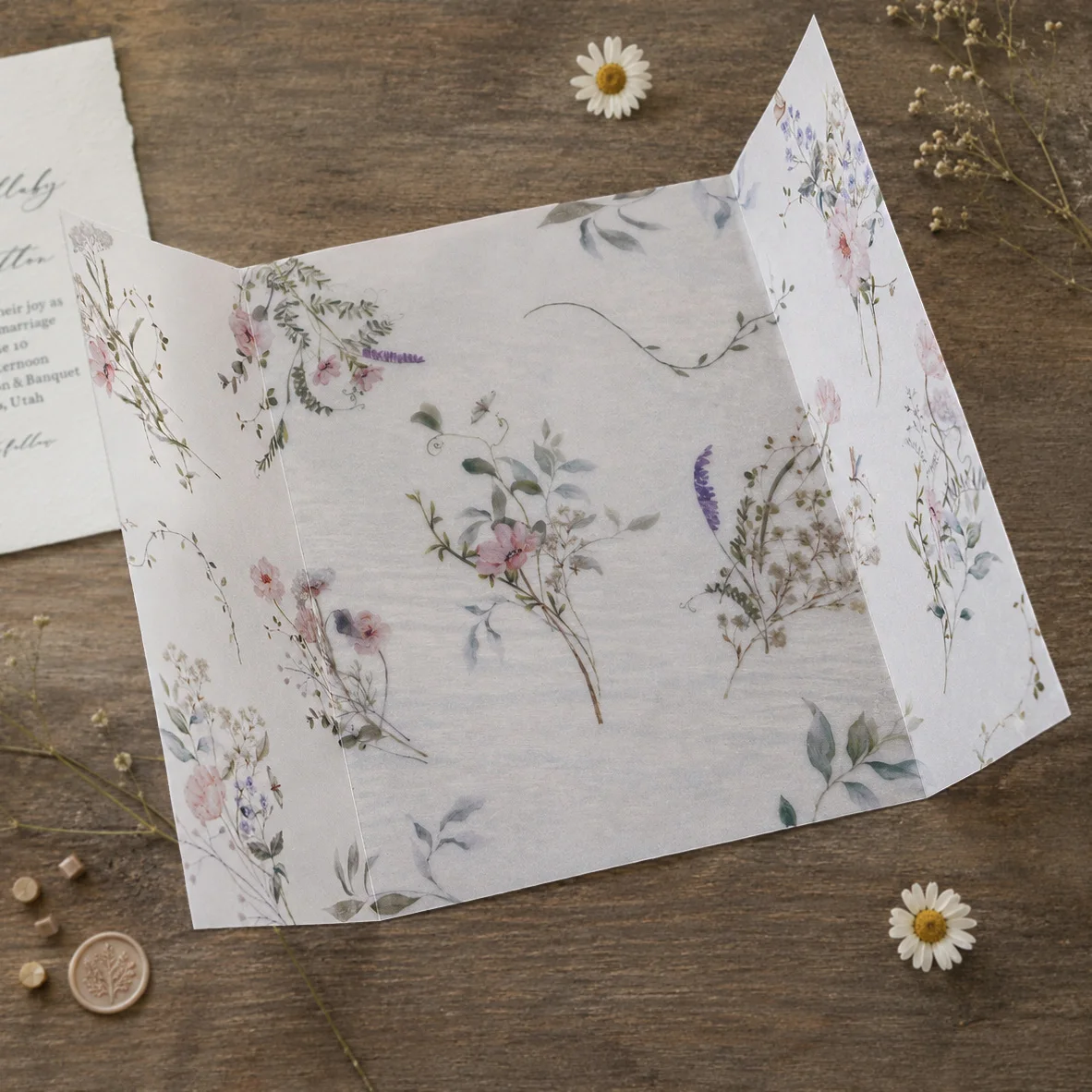 20/50pcs Vellum Wrap with Watercolor Wildflowers,DIY Vellum Fold Envelope,Modern Floral Vellum Jacket,for Wedding Invitations - view 2