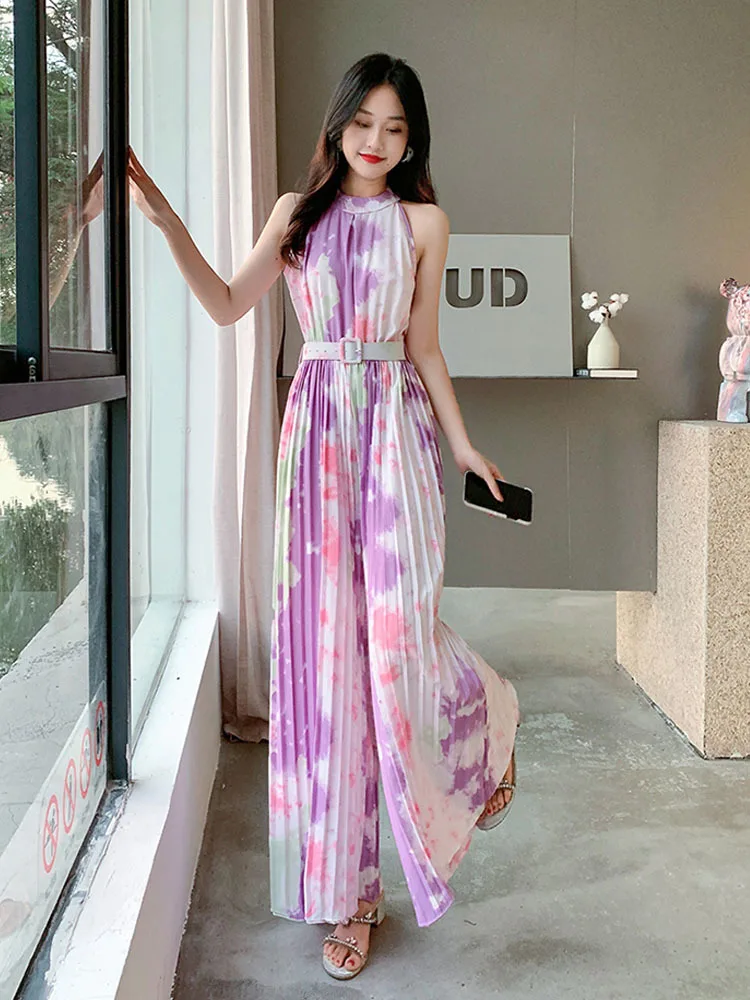 

Summer Halter Pleated Print Long Jumpsuits Women Sleeveless Bohemian Wide Legs Playsuits Loose Casual Beach Rompers