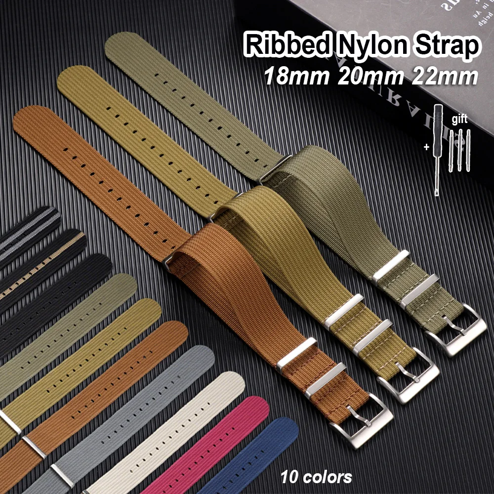 

Woven Ribbed Nylon Watch Strap 18mm 20mm 22mm Stainless Steel Buckle Bracelet Military Fabric Watch Band Women&Men Sport Belt