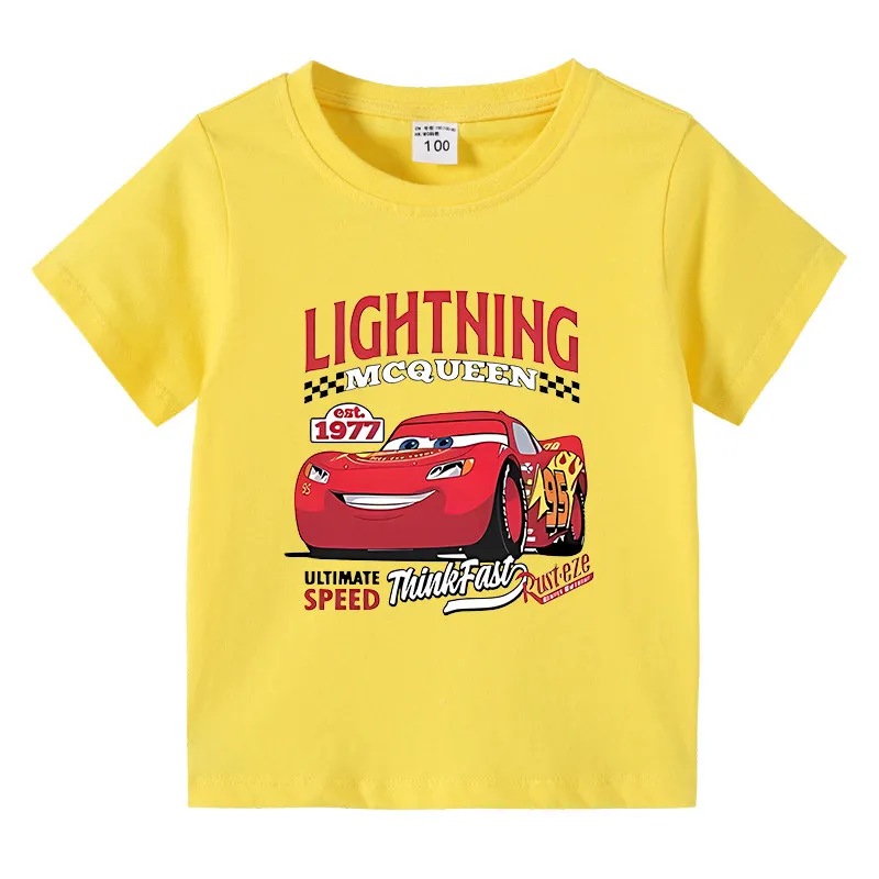 

Летняя футболка 2026 с принтом мультфильма «Тачки» (МакКуин), универсальная, из чистого хлопка, для детей и родителей