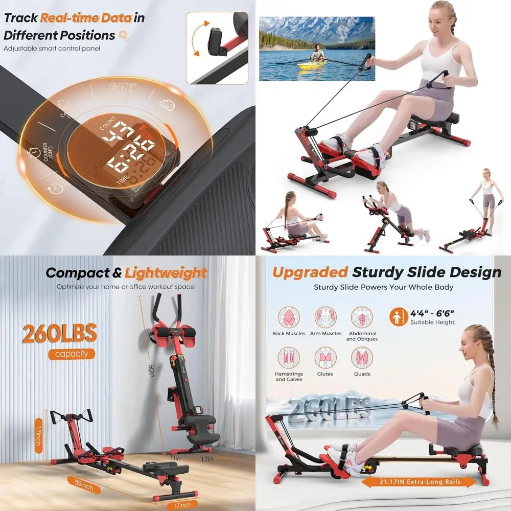 

Гребной тренажер 4-в-1 для дома с 3 уровнями нагрузки, бесшумный и складной, с 3 регулируемыми настройками.