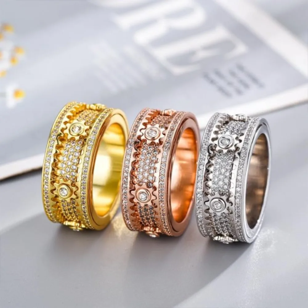Full Diamond Rotating Gear Rotatable Starry Sky Ring Men's and Women's Couple's Ring Fashionable Jewelry Accessory Wholesale