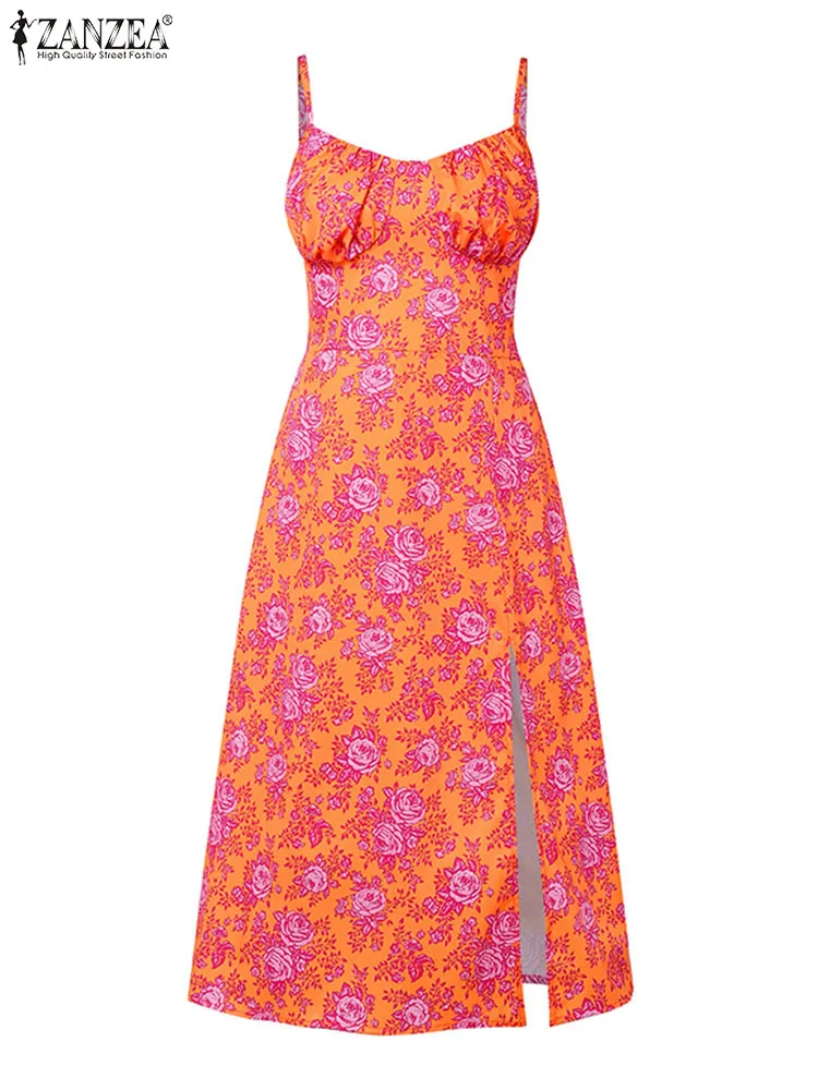 خمر فستان مُزين بطباعة الأزهار 2025 ZANZEA المرأة فستان الشمس المرأة موضة بلا أكمام سبليت فيستدوس رداء طويل فضفاض غير رسمي