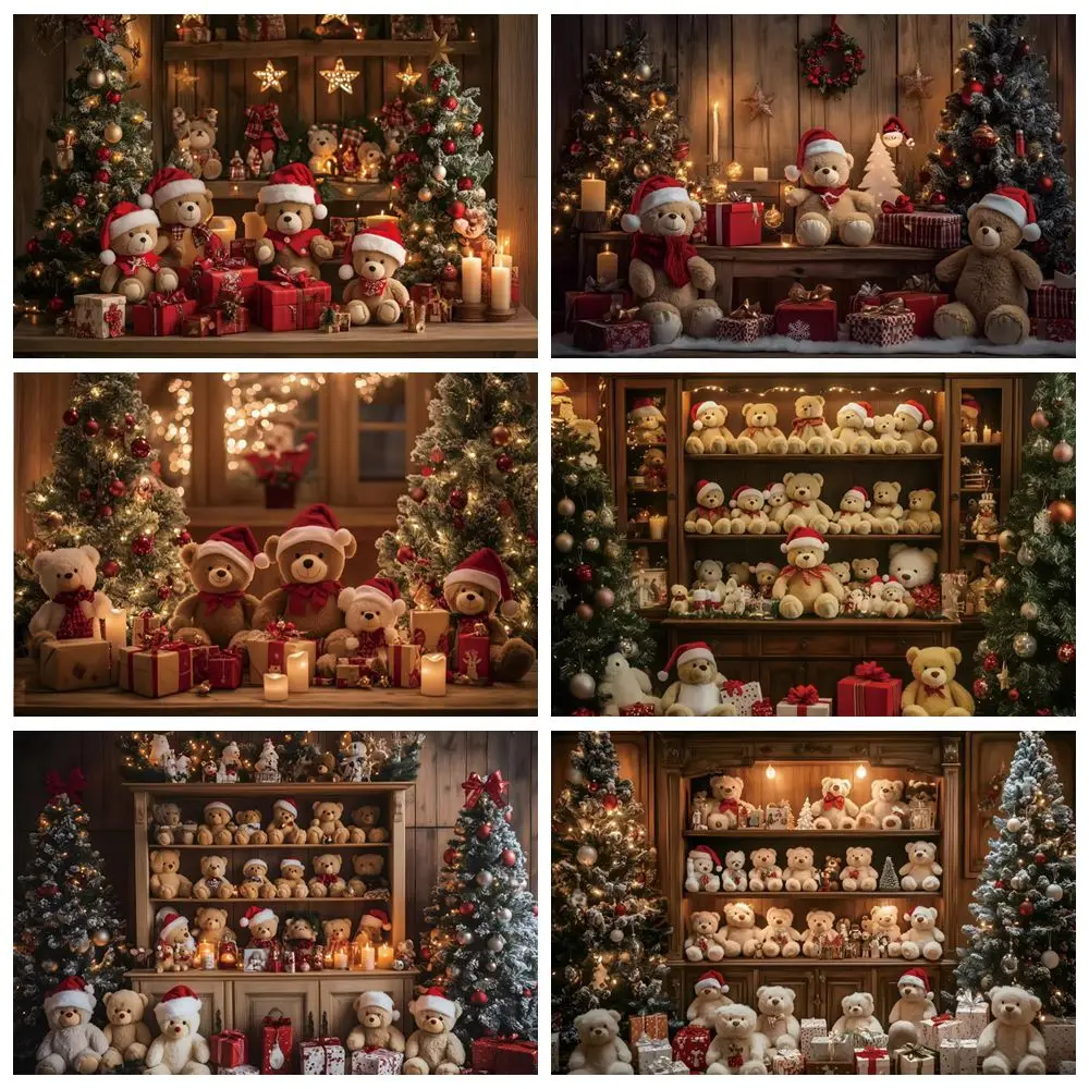 

Christmas Photography Background Cute Toy Bear Cabinet Gift Indoor Wooden House Xmas Shop Kids Portrait Photocall Backdrop Decor