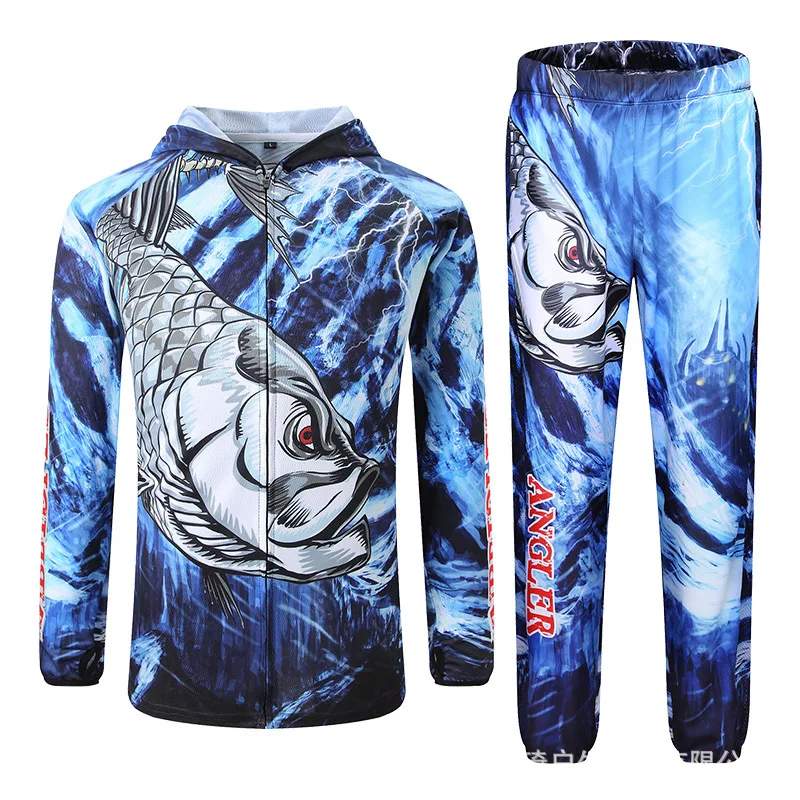 Ice Silk Fishing Clothing Suits Men Summer Outdoor Quick Drying Sun Protection Clothes Long Sleeve Hooded Fishing Shirt Pants