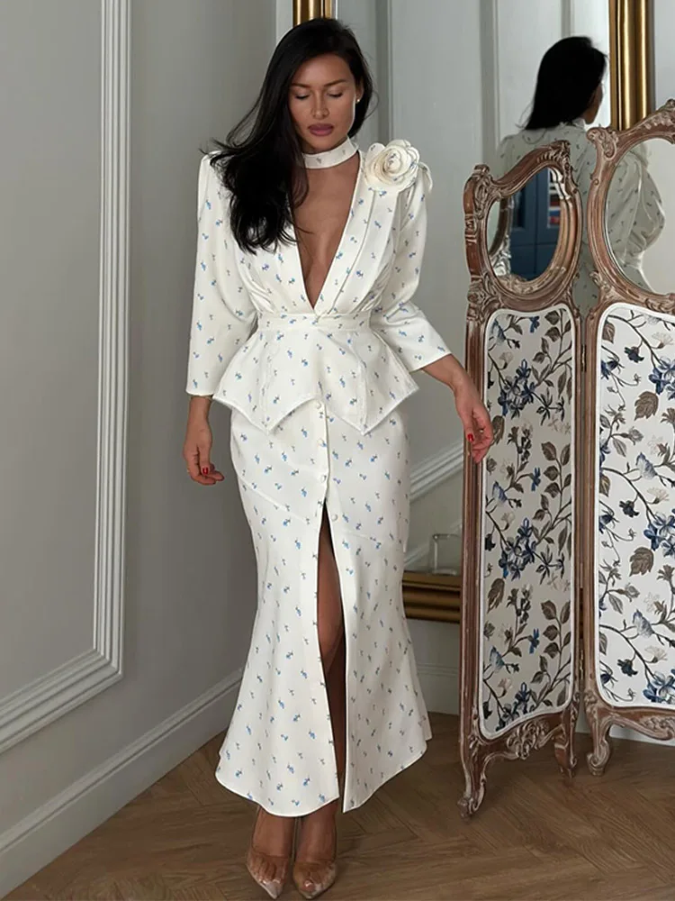 

Elegant Women Floral Dress Dark V Collar Half Sleeve Belt Halter Cinched Waist Slim Female Dress Spring Summer Lady Partywear