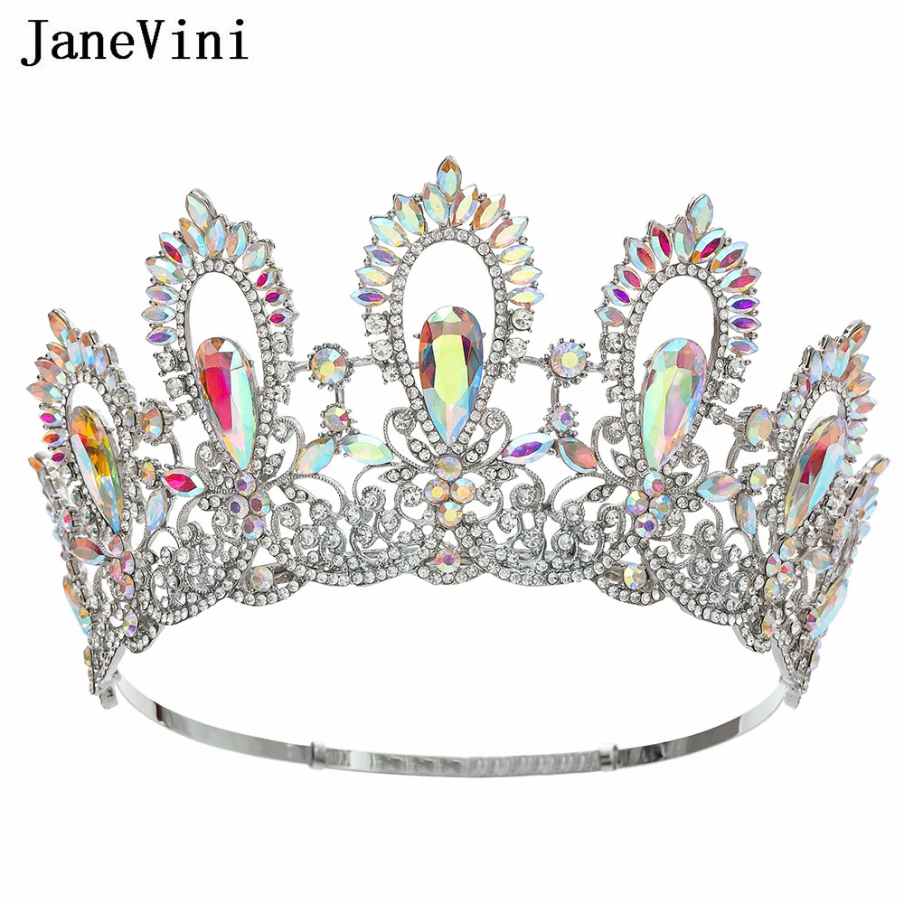 JaneVini Baroque Miss Universe Big Round Crown Luxury Adjustable Wedding Crowns Crystal Banquet Tiaras Costume Hair Jewelry Gold