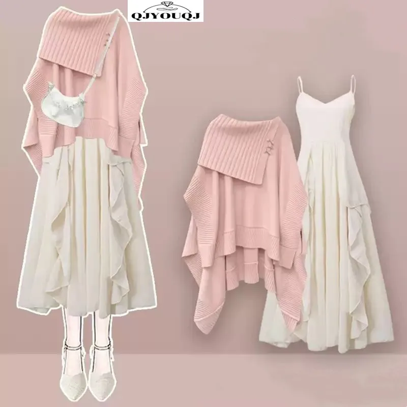 

2024 Winter Set Women's Korean Edition Loose and Lazy Design Cape Sweater+suspender Dress Two Piece Set