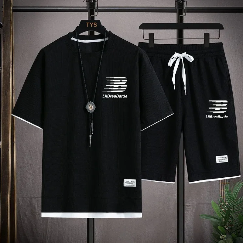 

New Trends Men's 2026 Summer Sports Set, Casual T-shirt and Shorts Set, Waffle Short Sleeve Shorts, Two Piece Sports Set