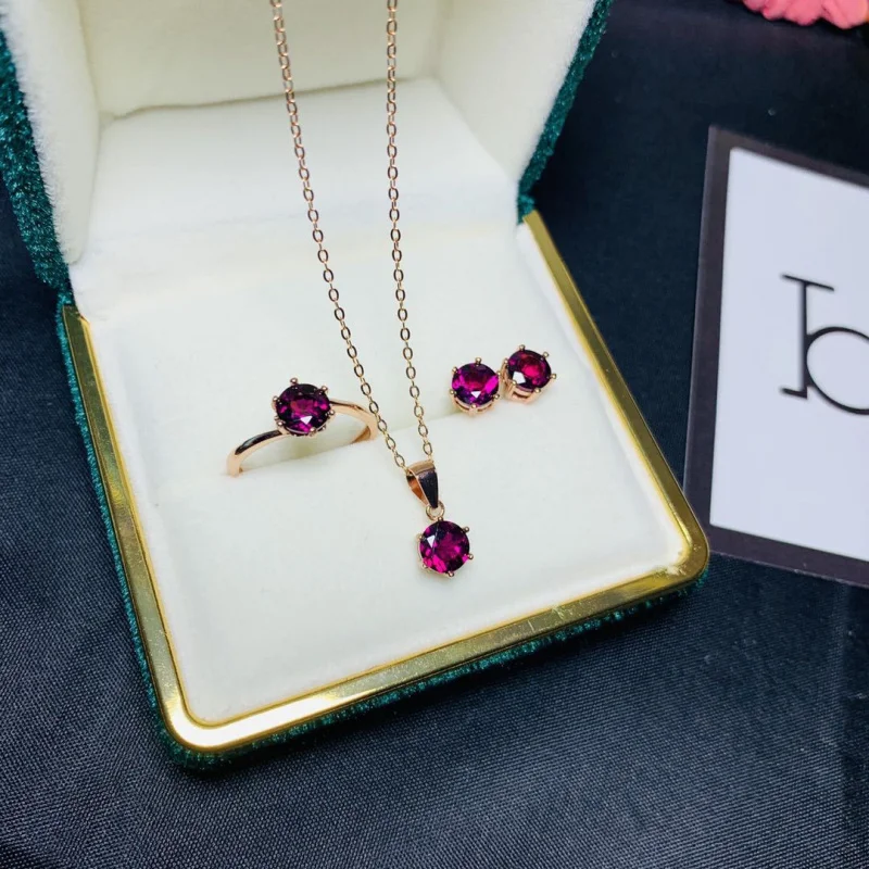 

Natural Magnesite Garnet Earrings 925 Silver Pendant Ring Set Women