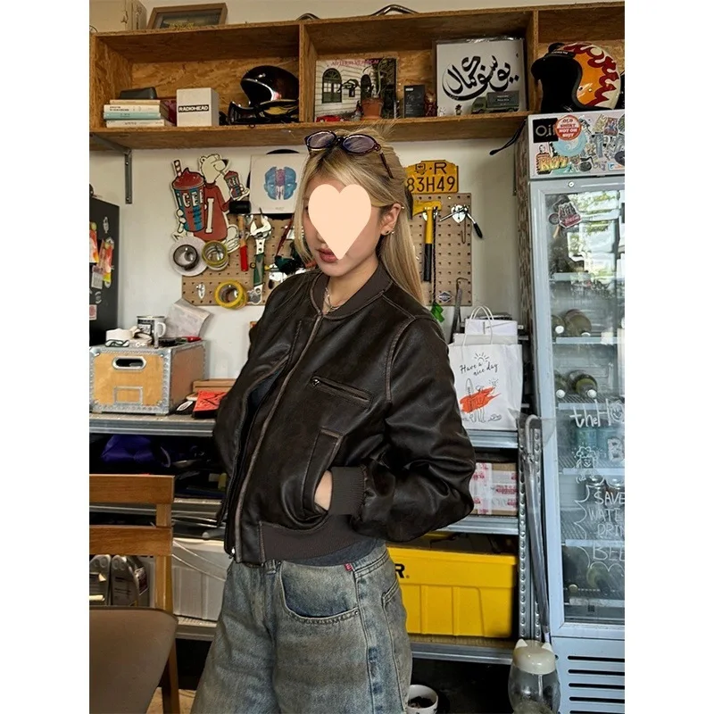 Abrigos y chaquetas nuevas para mujer, chaqueta de cuero de motocicleta antigua limpia a mano, Top corto Retro marrón, abrigo informal holgado con cremallera, ropa femenina
