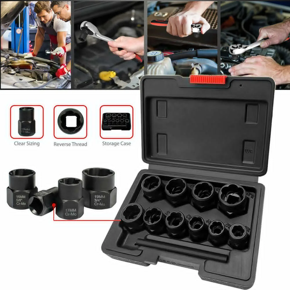 11 PCS Bolt Extractor Set Impact & Nut Remover Stripped Lug Remover 9-19mm Damaged Bolt Screw Nut Extractor Tool