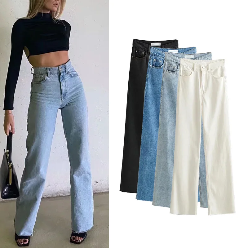 

Faionable Slimming High Waist Wide Leg Jeans Women's Autumn Winter New Sle Casual Comfortable Long Pants with Frayed Hem