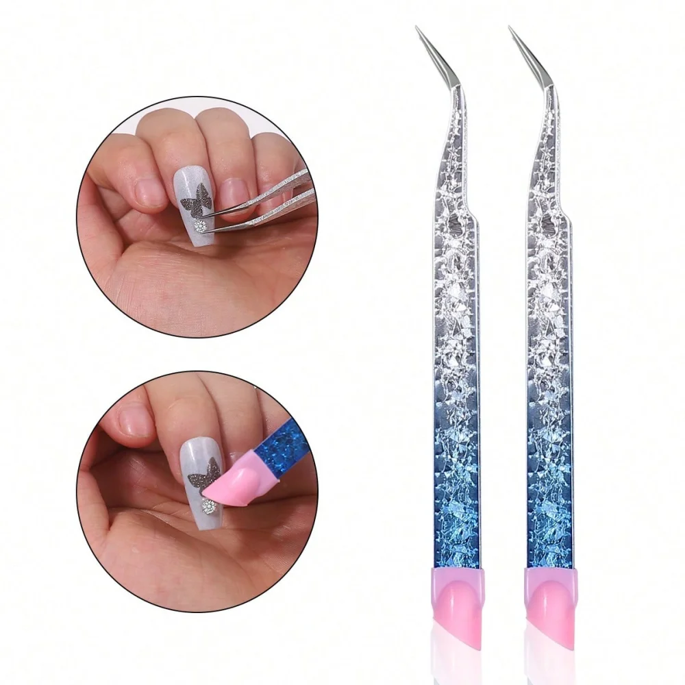1pcs Blue Gradient Crackle Nail Art Tweezers - Stainless Steel Angled Precision Tool for Rhinestones, Charms & Nail Decorations