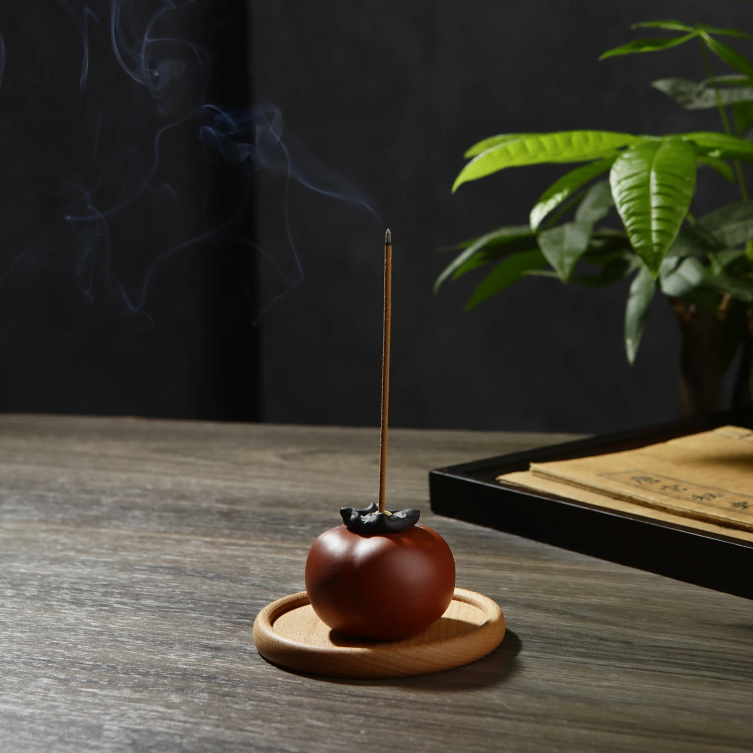 Creative Ceramic Incense Holder Frosted Persimmon Incense Burner Wooden Incense Plate Ash Catcher Buddhism Supplies Home Decor