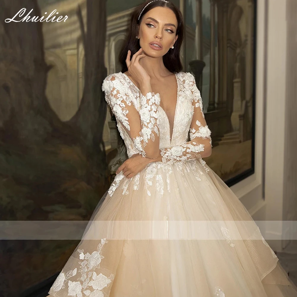 Lhuilier Customized Women's A Line Sexy V Neck Tulle Wedding Dresses Full Sleeves Bridal Gown with Chapel Train