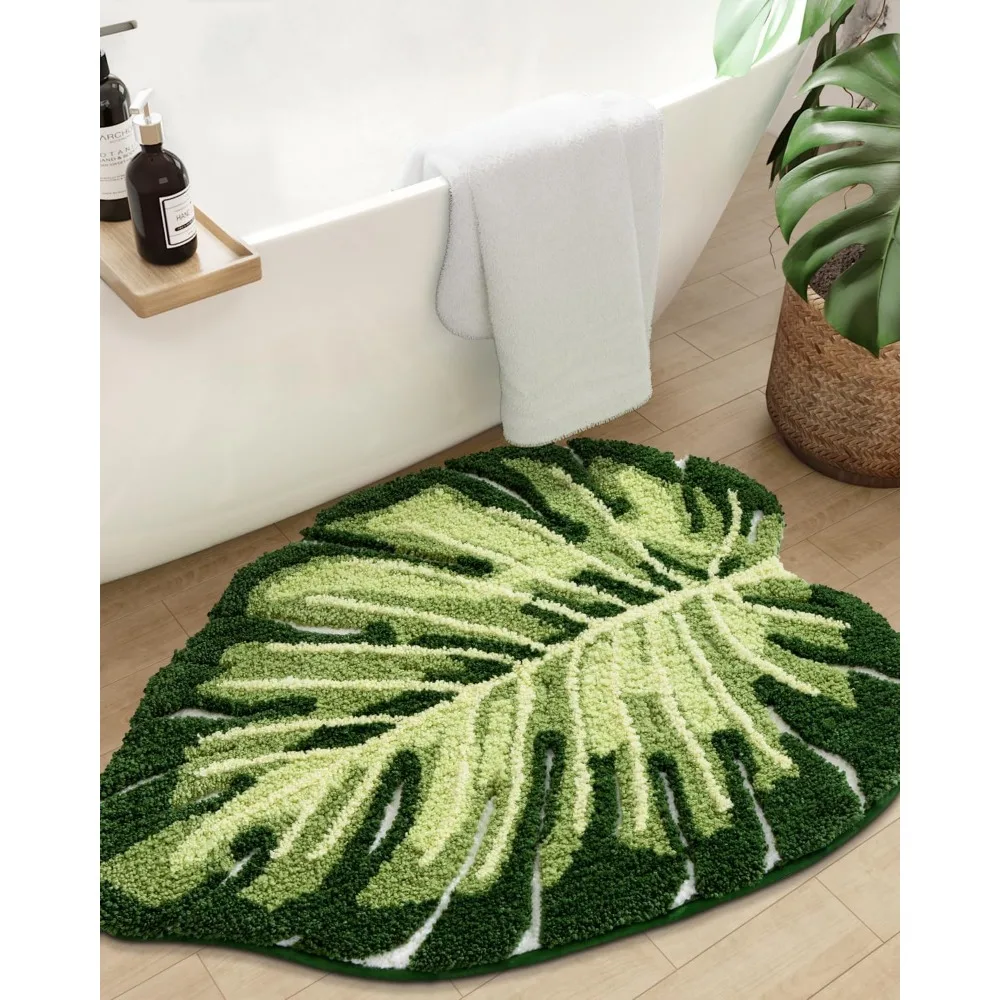 

Leaf Bathroom Rugs Monstera, 23.5x31.5 Tropical Plant Shaped Bath Mat Green, Washable Shower Floor Bathmat Toilet Carpet Non Sl