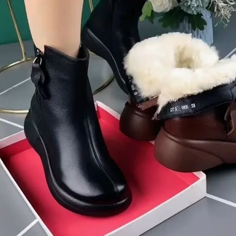 

2025 Women Snow Boots Fur Ladies Shoes Zipper Winter Boots Women Solid Color Warm Mom Cotton Ankjle Boots Flat with Shoes Botas