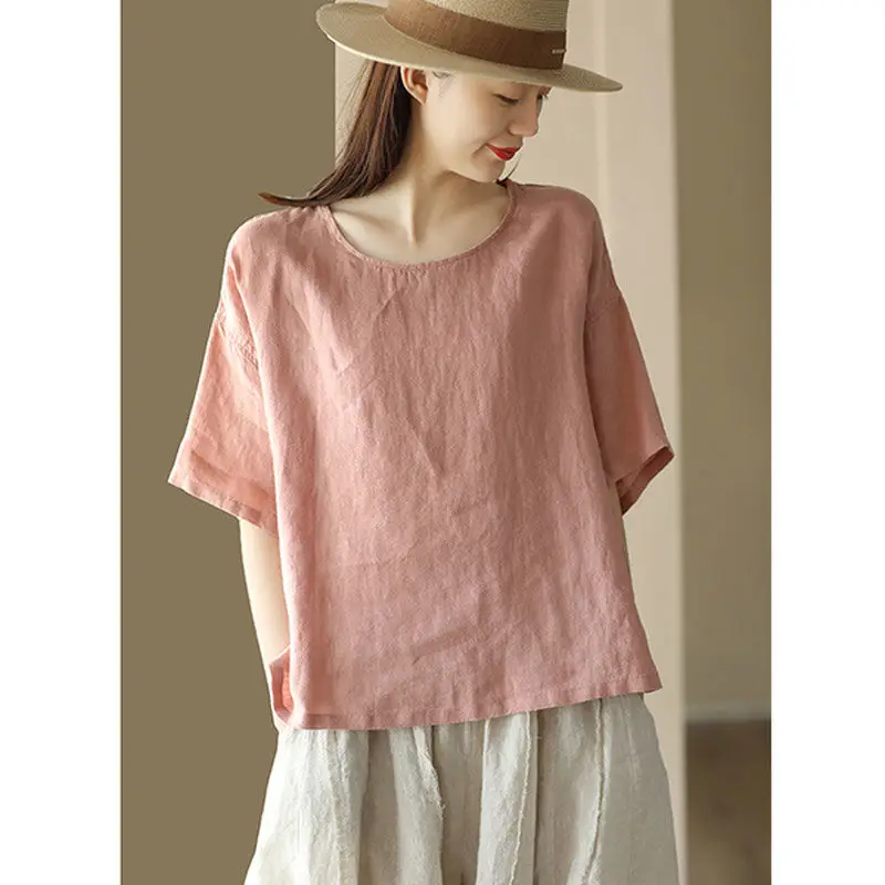 Women Summer Simplicity Loose Fashion Solid Color Cotton and Linen O-neck Short Sleeve T-Shirt Ladies Casual Appear Thin Top Tee