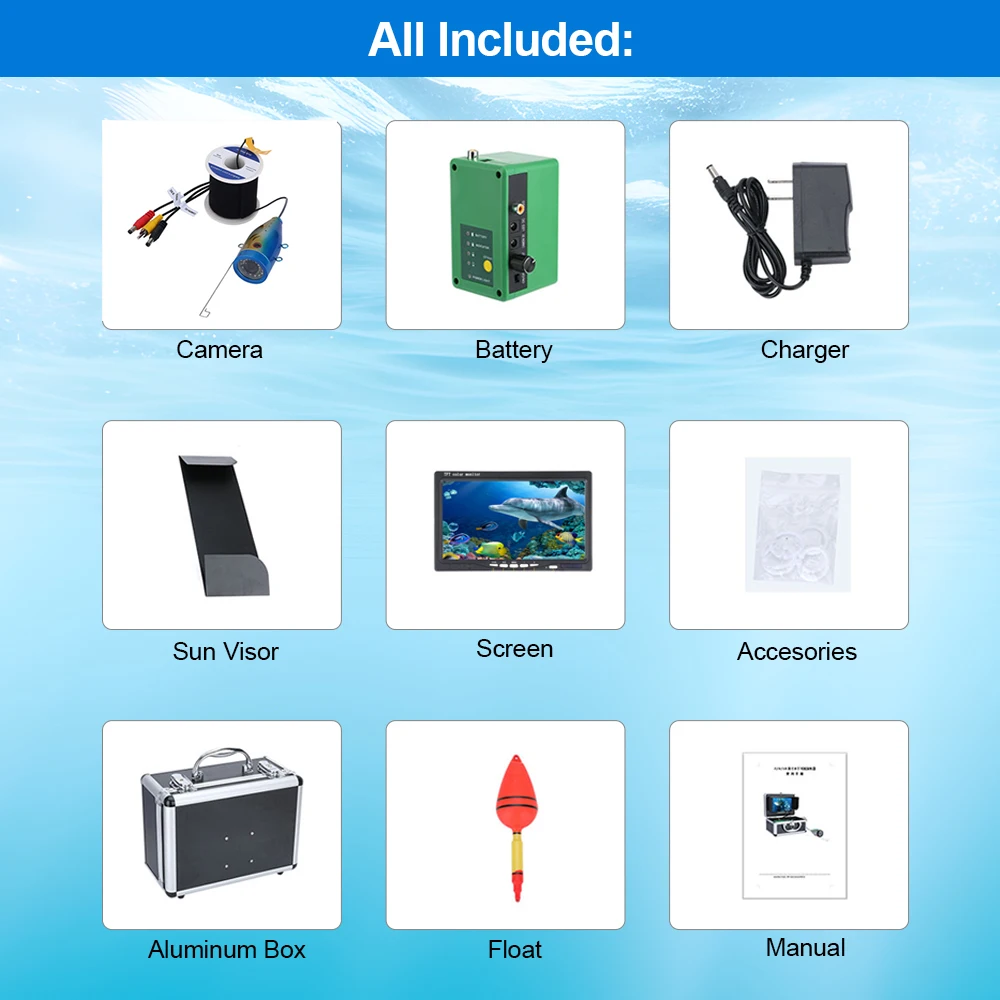 كاميرا صيد تحت الماء - شاشة 7 بوصة، 15 مصباح LED أبيض و15 مصباحًا بالأشعة تحت الحمراء، بطارية 4500AH لصيد الجليد/البحر/النهر