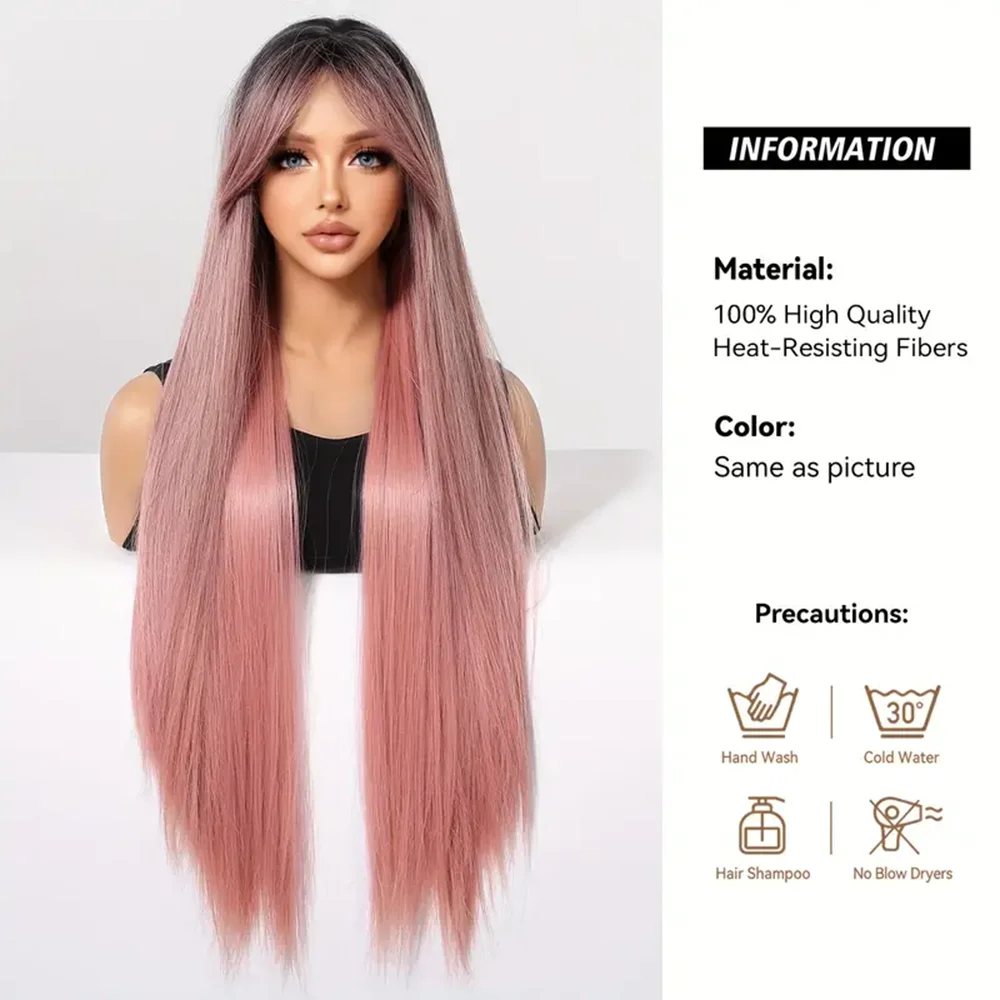 30Inch Synthetic Ombre Pink Wig with Long Bangs Pink Super Long Straight Wigs for Women Heat Resistant Christmas Cosplay Hair