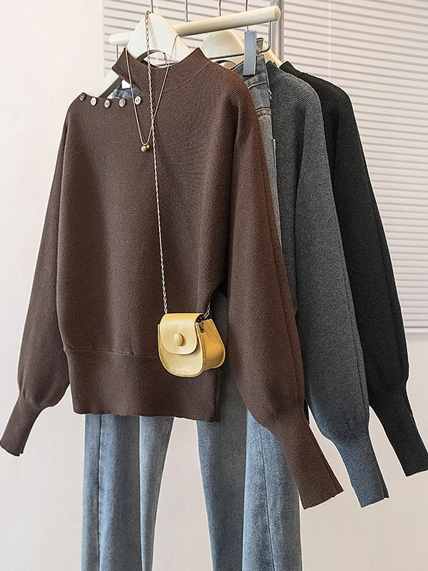 Shoulder Bared Knitted Sweater Women's Spring Autumn New Style plus Size Slimming Base Layer Top Korean Loose Fit Comfortable