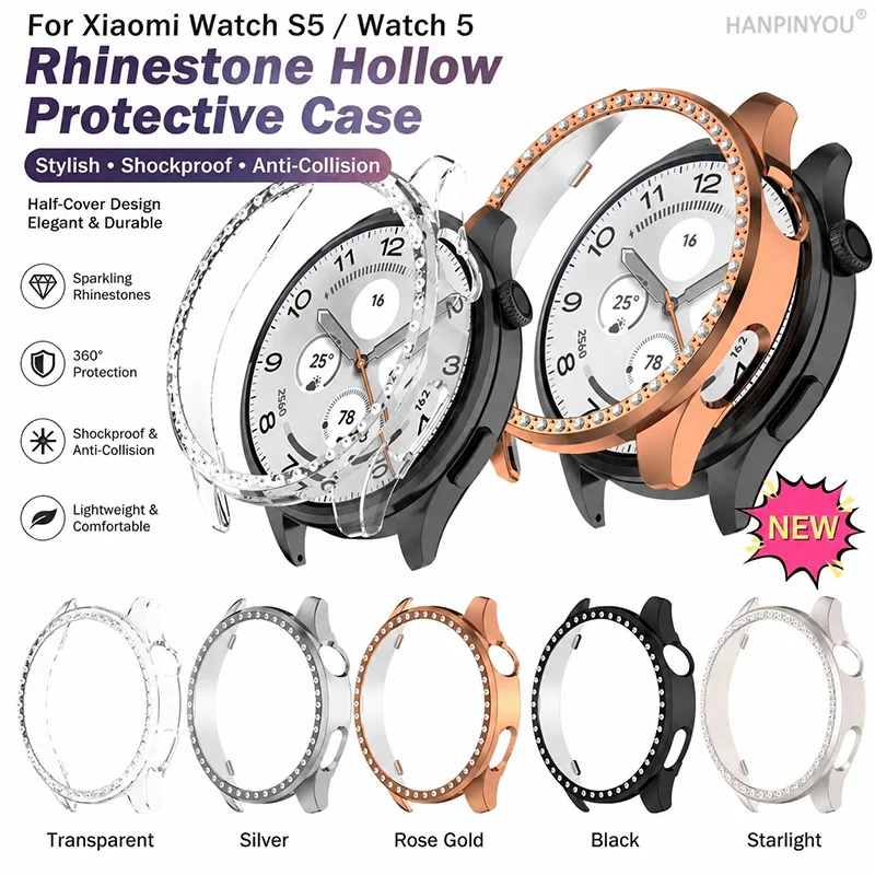 For Xiaomi Watch S5 5 Bling Rhinestone Protective Case Hollow Frame Half Cover Shockproof Anti-Collision PC Bumper Shell