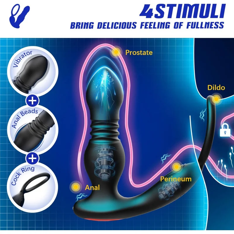 BEISAR-vibrador masajeador de próstata, vibración de empuje, 7 modos con tapón de anillo para pene, juguete sexual, masajeador de punto P, juguete sexual masculino