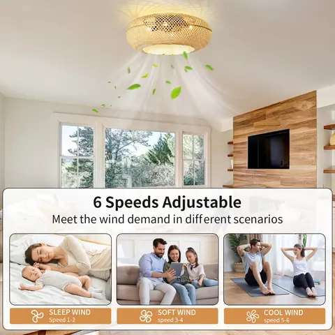 रिमोट कंट्रोल के साथ बांस से बुना हुआ लैंपशेड सीलिंग लाइट, E26 * 4 प्रकाश स्रोत, लिविंग रूम और बेडरूम के लिए फैन सीलिंग लैंप 10 best sales छत प्रकाश कवर - №6