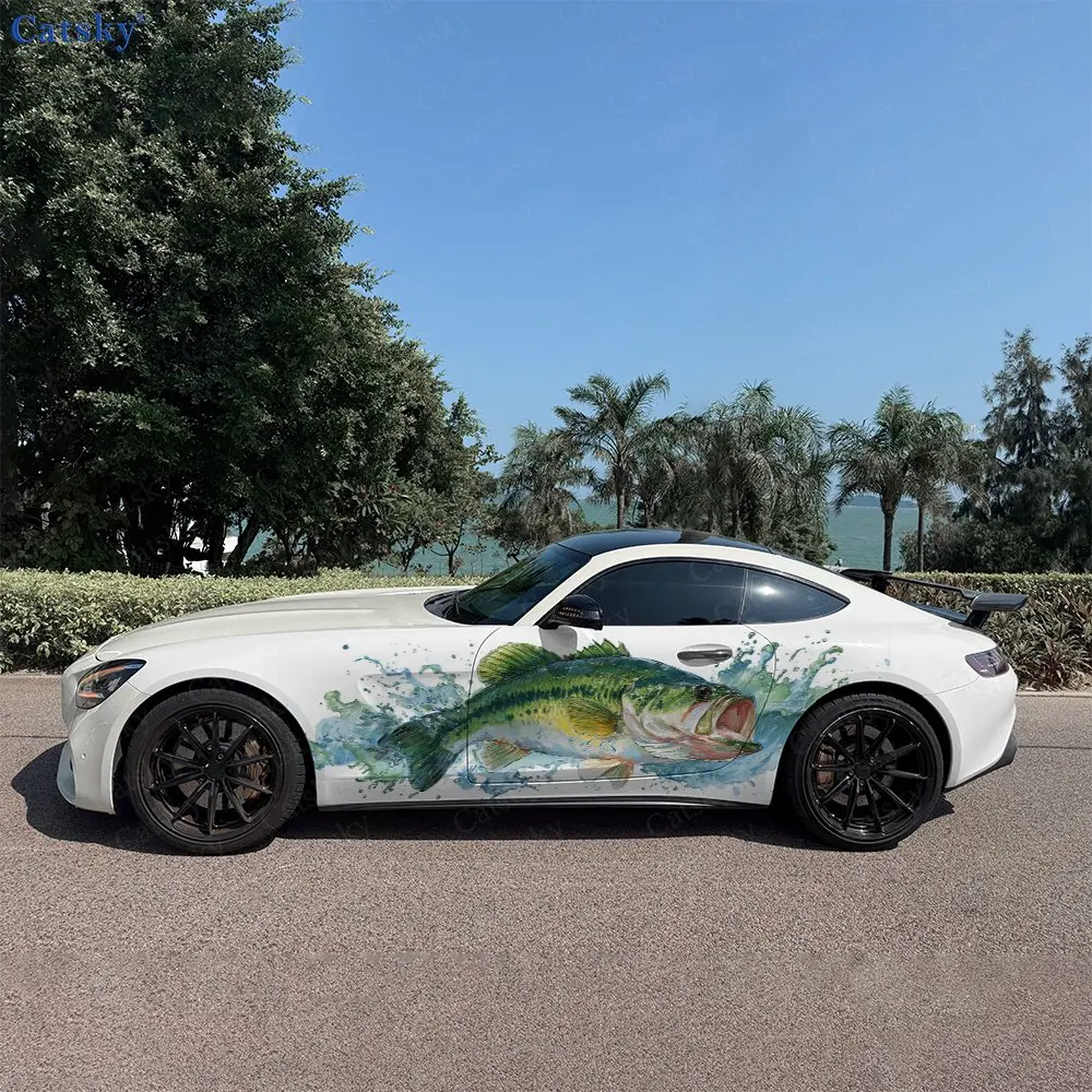 2pcs Leaping Bass Ink-Splatter Car Side Wraps, Self-Adhesive PVC Waterproof & Scratch-Resistant Stickers, Car Accessory Gift