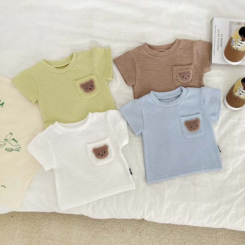 Newborn Baby Summer Solid Solor Set Girl Cute Bear Embroidery Pocket Short Sleeves Tops + Boy Cotton Soft Shorts 2pc Suit