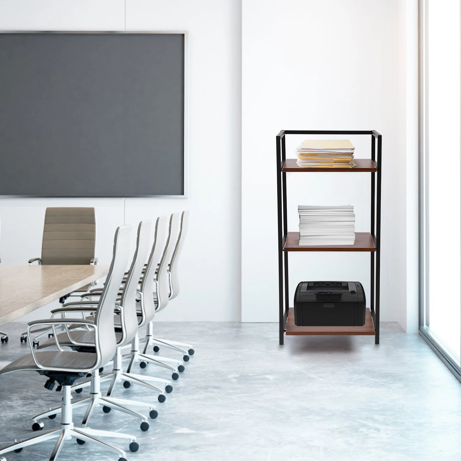 Rak Penyimpanan Printer 3 Tingkat Hitam untuk Kantor, Rak Buku Berdiri dengan Roda