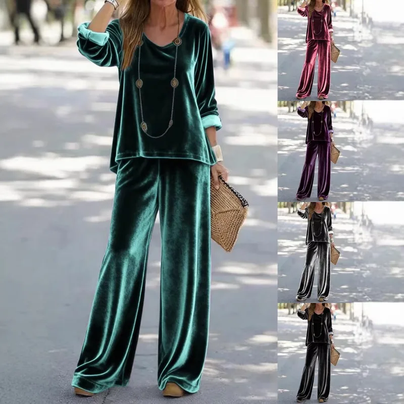 

Женский велюровый комплект из двух предметов: топ с V-образным вырезом и длинными рукавами и брюки с широкими штанинами, повседневный домашний костюм