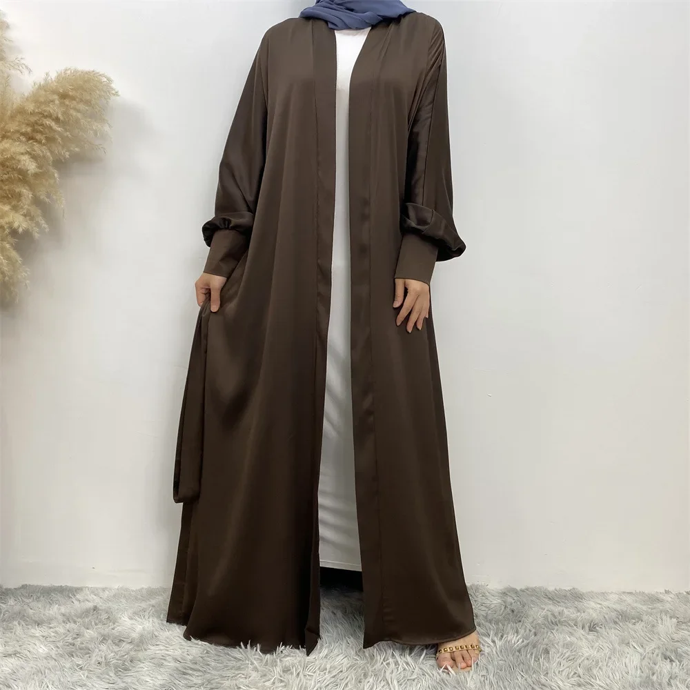 UNI Muslim Open Abaya Turkish Women's Ramadan Dress Dubai Moroccan Cardigan Robe Maxi Dress with Ribbon Pocket Women's Dress