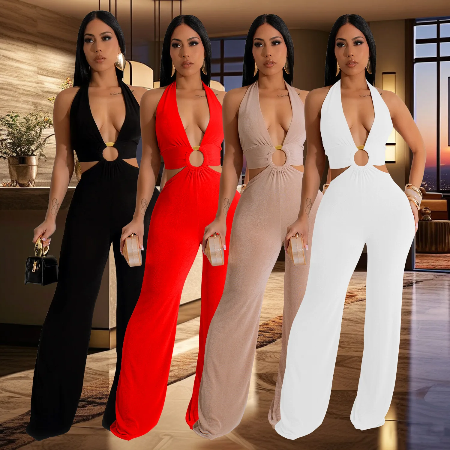 

European and American Fashion Women's Solid Color V-neck Fashion Pants Jumpsuit