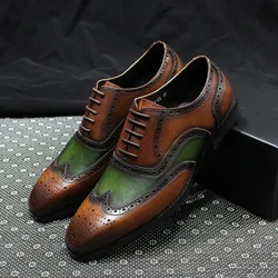 Men's Luxury Genuine Leather Oxfords Classic Wingtip Lace-Up Dress Shoes for Wedding Party Business Office Formal Wear