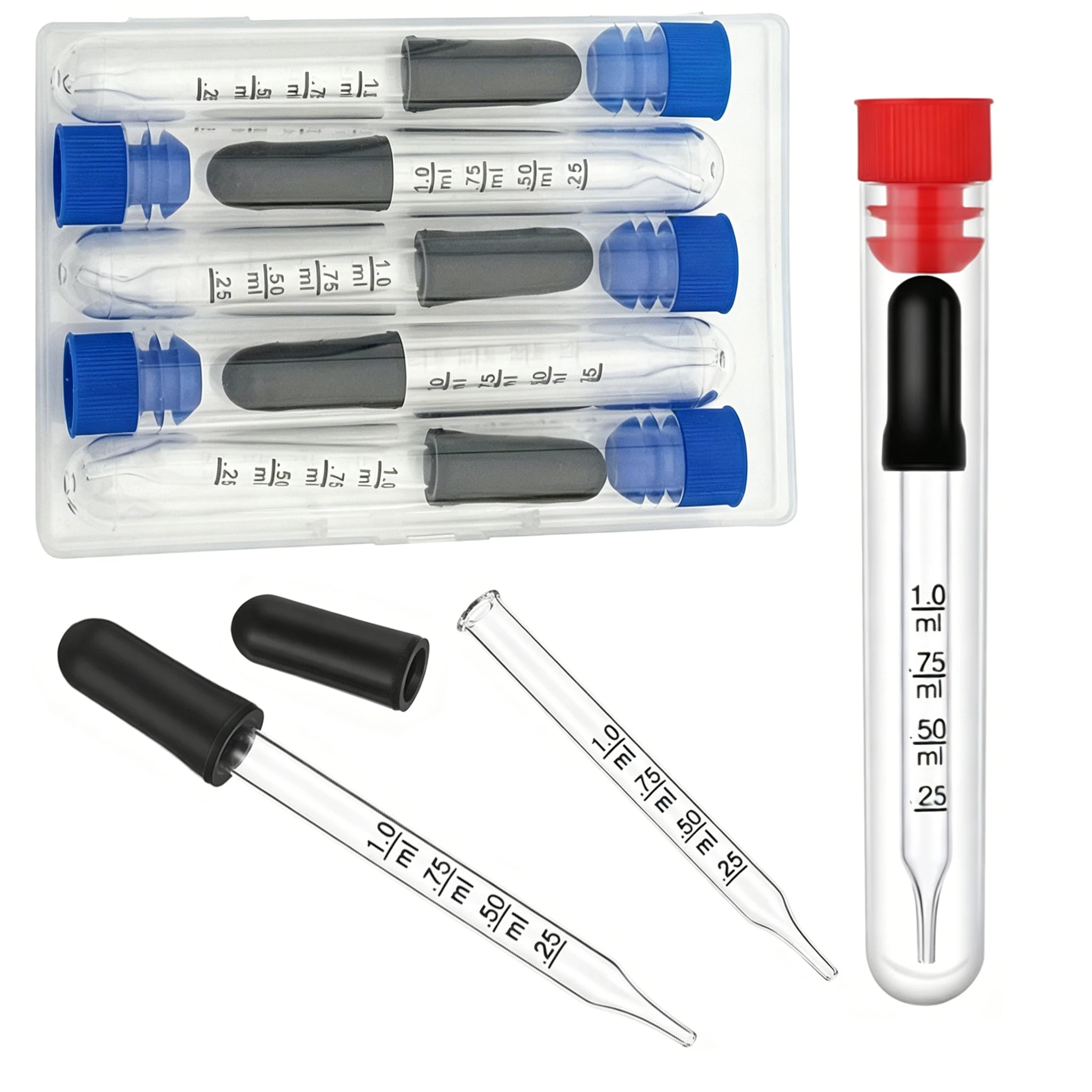 5Pcs 1ml Glass Graduated Dropper with Plastic Box, Straight/Bent Tip Rubber Bulb Pipette for Essential Oils Lab Liquid Transfer