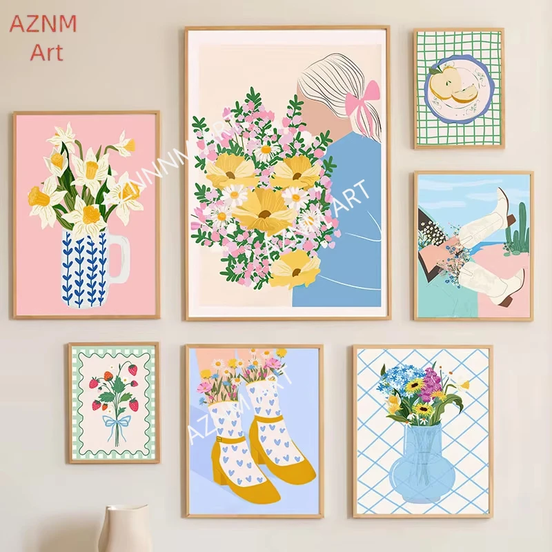 Mädchen Schmetterling Blume Vase Linien Wand Kunst Leinwand Malerei Abstrakte Poster Und Drucke Hotel Bar Wand Bilder Wohnzimmer Dekor