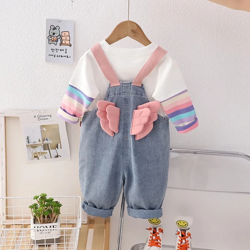 Girls Baby Clothes Set New Korean Children\'s Denim Strap Pants Long Sleeve T-shirt 2-Piece Spring and Autumn