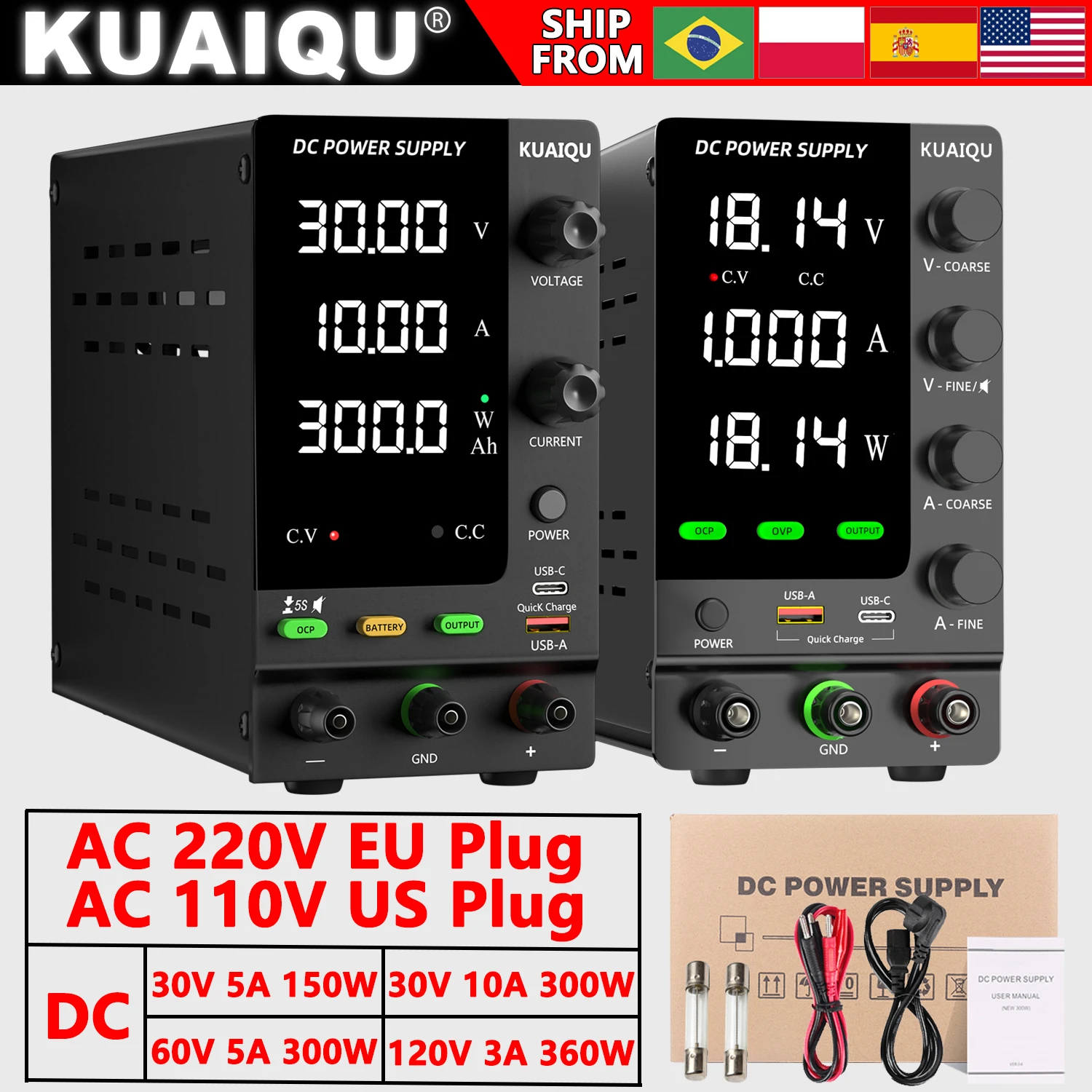 

KUAIQU DC Power Supply Variable, Adjustable Regulated DC Bench Power Supply with Output, C.C C.V Auto Switch, Smart Cooling Fan