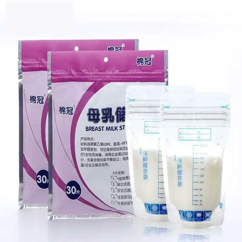 Breastmilk Storage Bag with 250ml Self Standing Baby Food Storage Containers No Leak Milk Freezer Bags Safe Feed BPA Free 30pcs