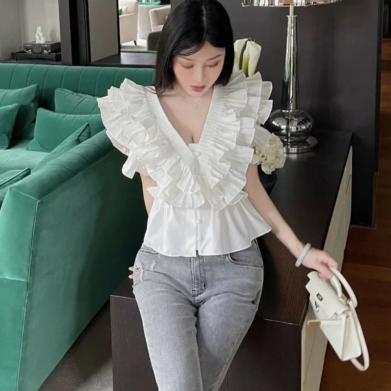 Summer Blusas Feminina Solid Ruffles Vintage V Neck Sexy Women Blouses Korean Fashion Elegant Pleated Short Shirts