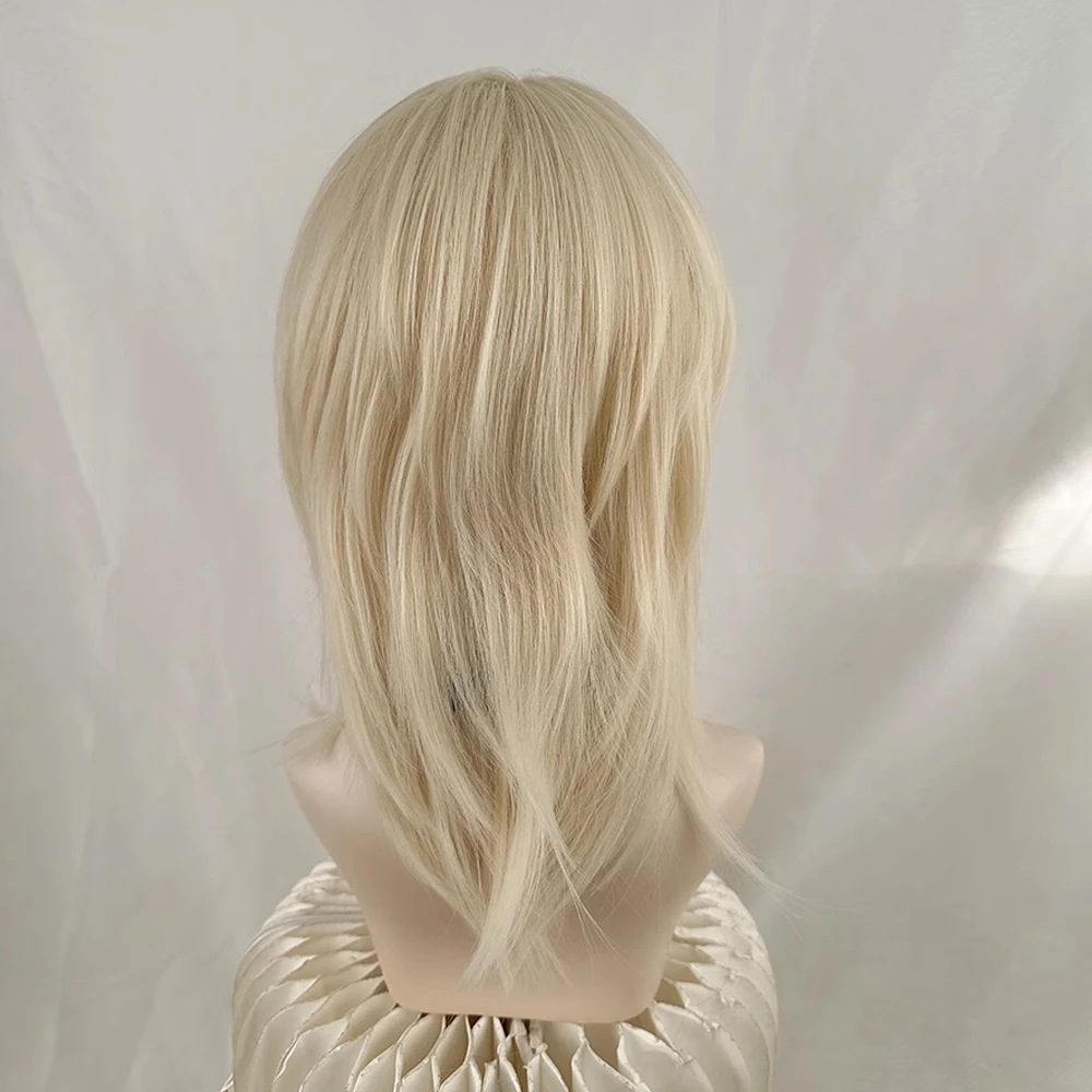 Lace Wolf Tail Mullet Head Synthetic Wig Middle Part Short Straight Blonde Fluffy Lolita Cosplay Wig for Daily Party