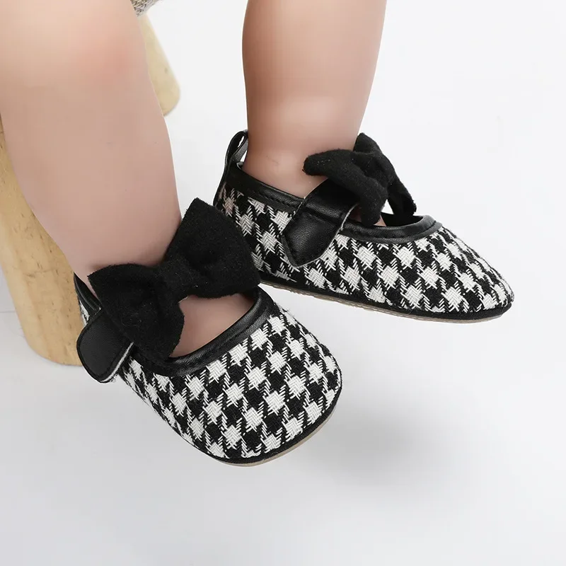 Meckior-bowknot listrado xadrez sapatos de borracha para bebês meninas, Mary Jane Flats, sapatos princesa para criança, clássico, primeiro caminhante