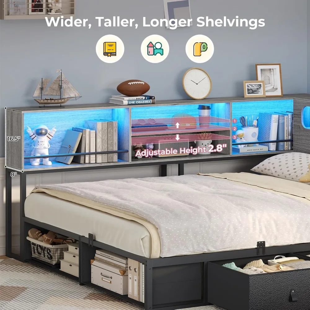 Полноразмерный угловой каркас кровати с местом для хранения книжного шкафа, RGB-подсветкой, зарядной станцией, металлической кушеткой, 3 ящиками и 2 открытыми полками